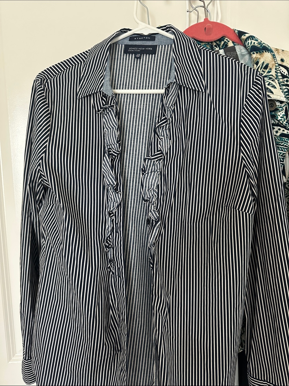 Jones New York Black & White Striped Ruffle-Front Button Down Shirt